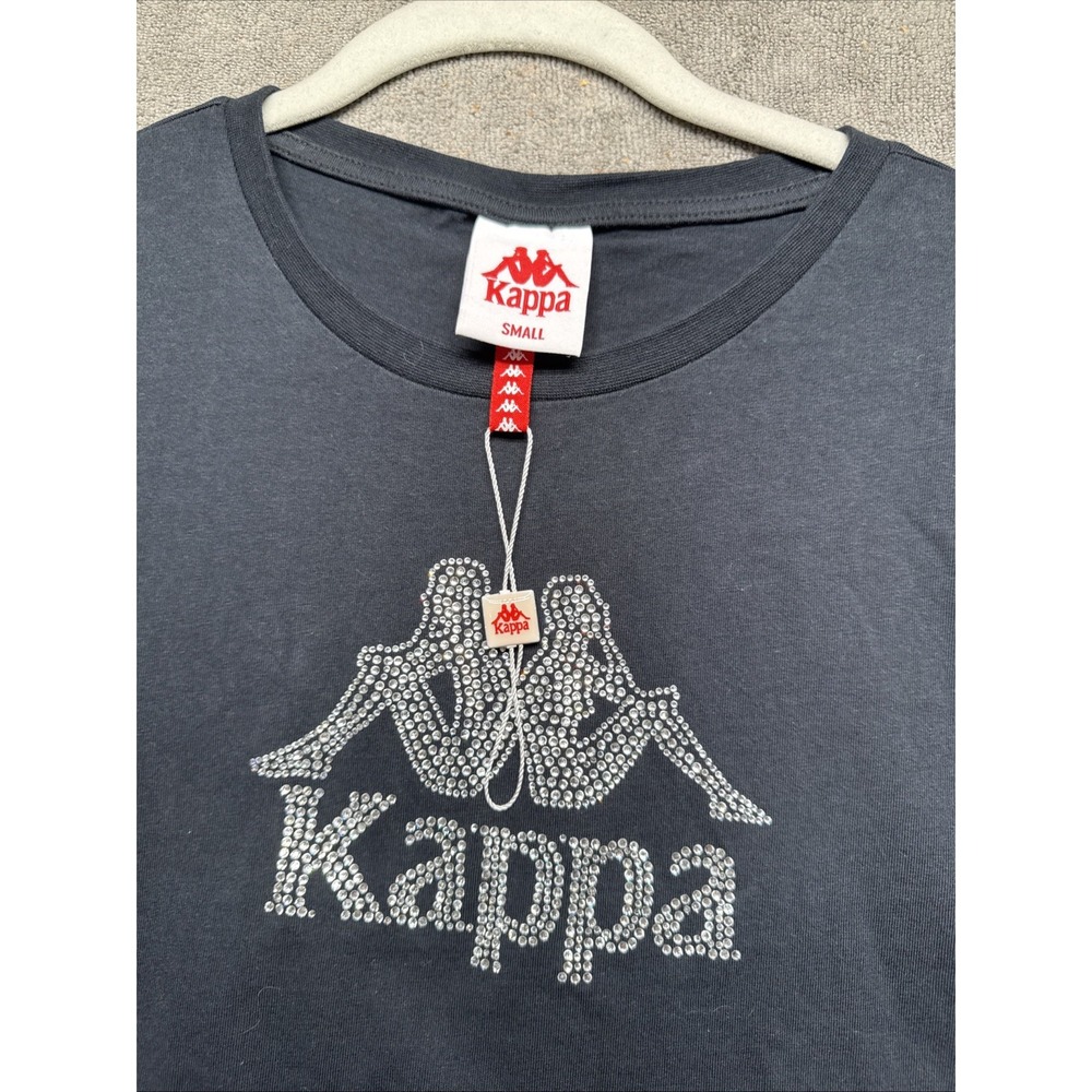 Kappa Black Crop‎ Top Rhinestone Logo Women's Small Y2K Streetwear Bling Tee